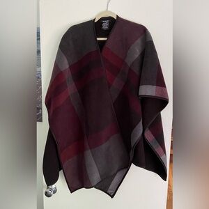 Burgundy, grey and black poncho